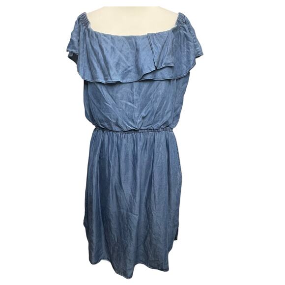 H by Halston Off Shoulder Dress XL Blue Denim Chambray Ruffle Classic Coastal - Picture 1 of 12